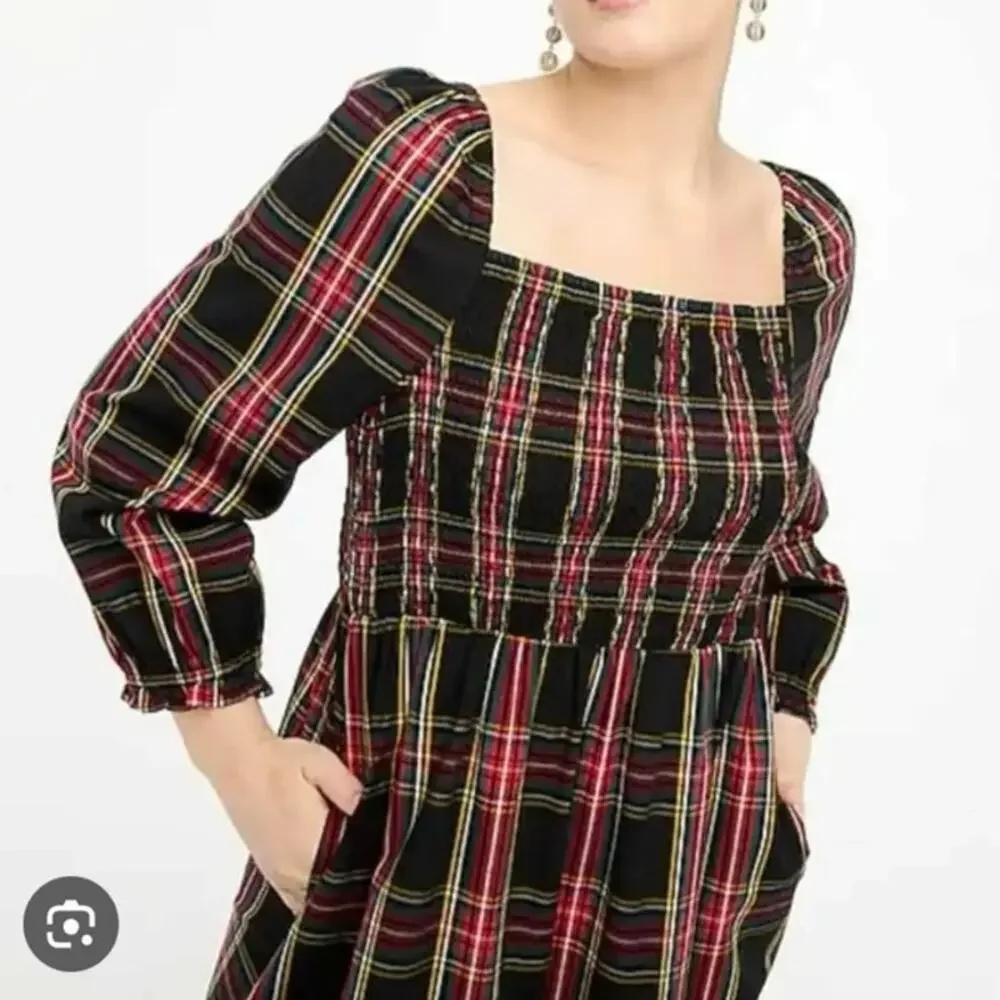 J. Crew Tartan Plaid Midi Dress Smocked Cotton Cottagecore XXL 2X Academia